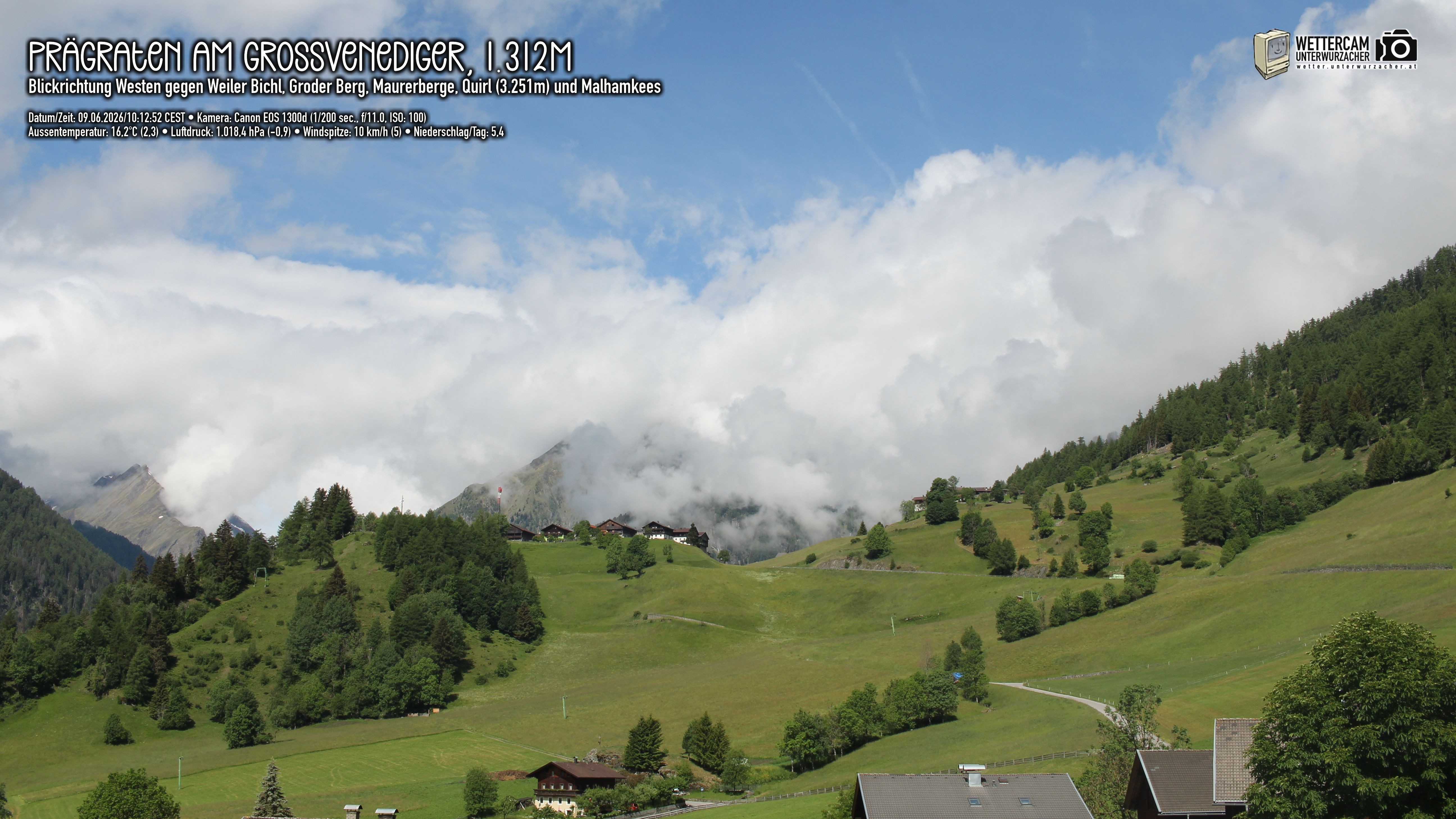 Archiv Foto Webcam Prägraten am Großvenediger - Dorf Bichl und Maurer Berge