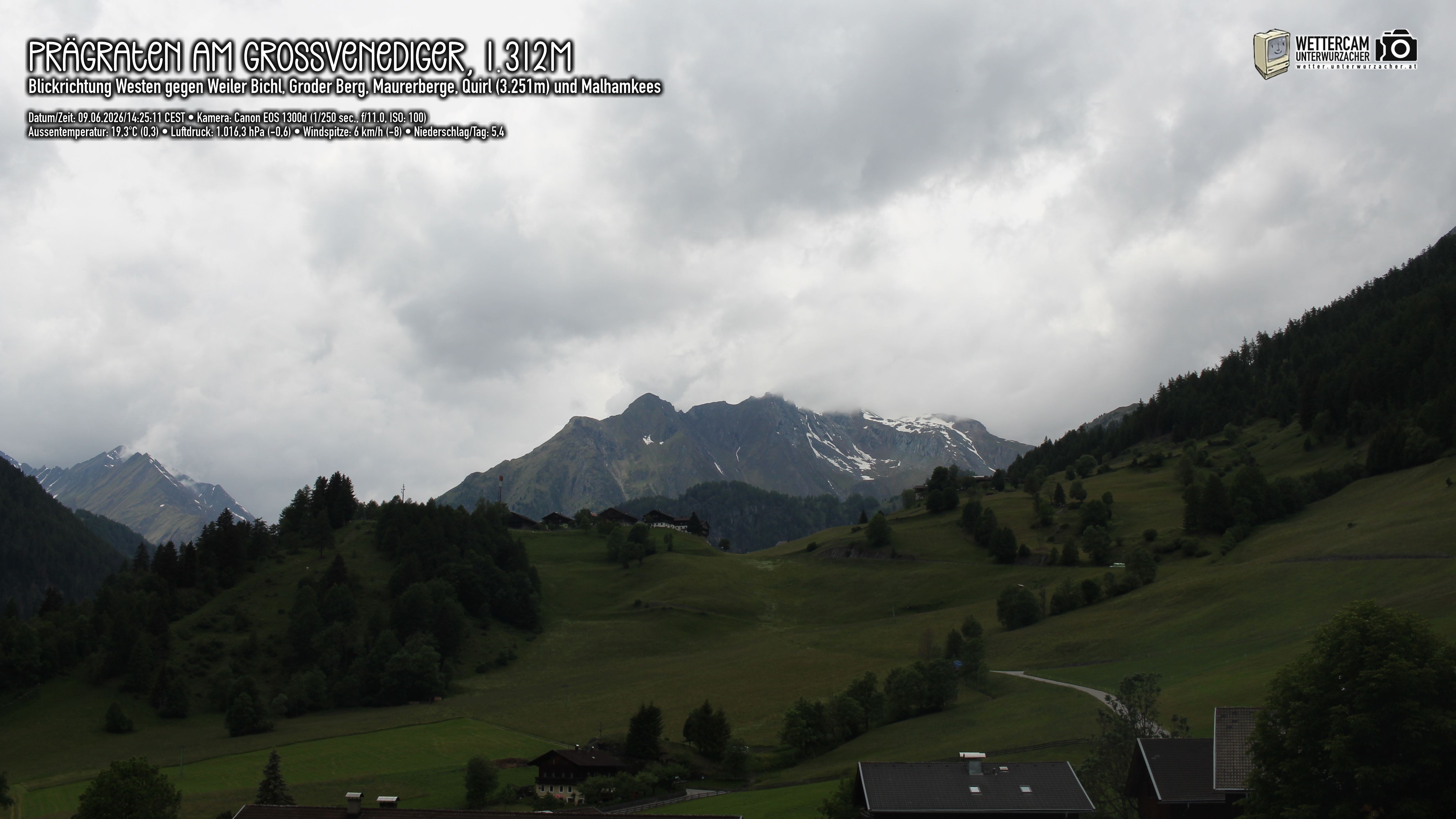 Archiv Foto Webcam Prägraten am Großvenediger - Dorf Bichl und Maurer Berge