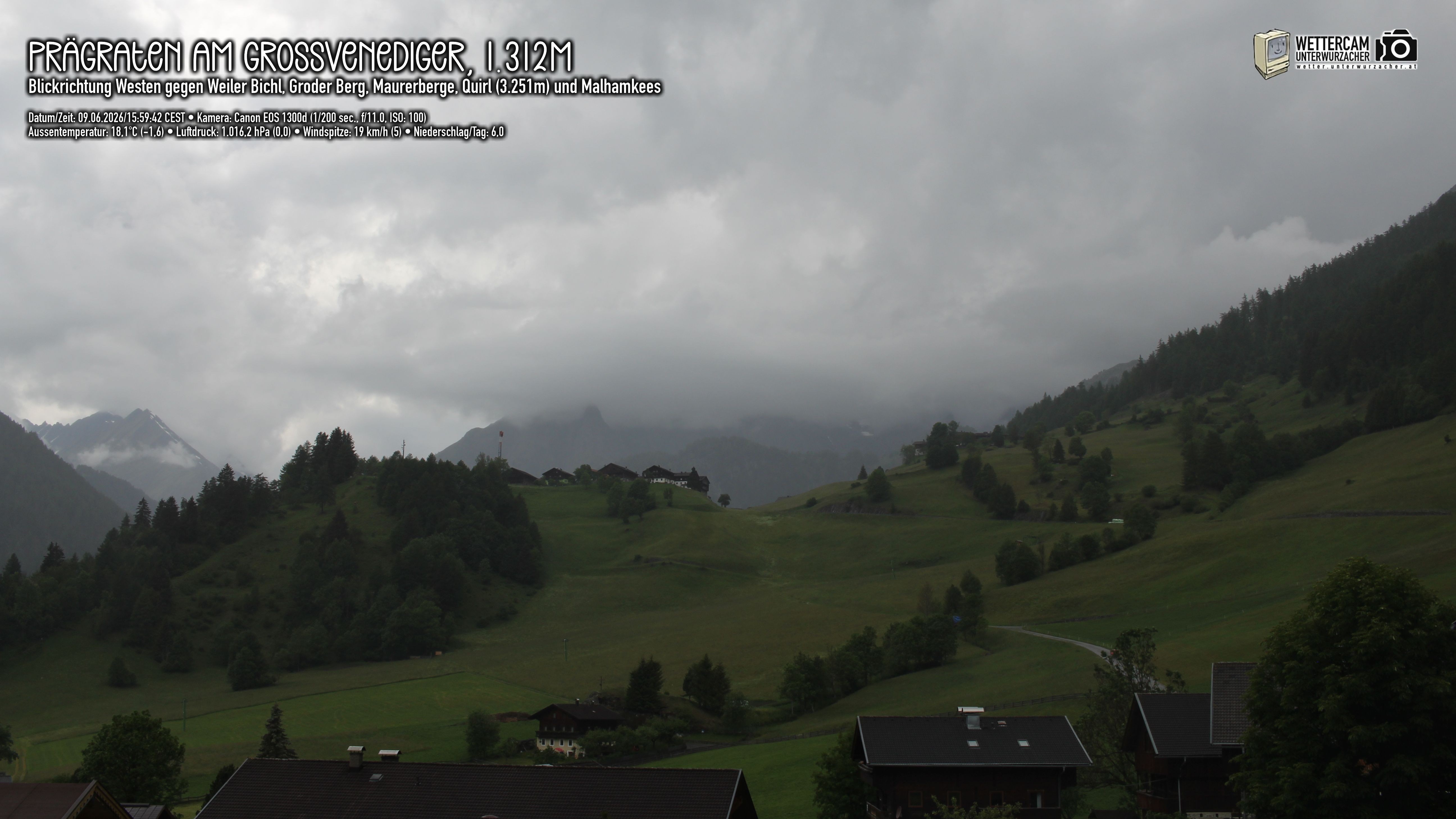 Archiv Foto Webcam Prägraten am Großvenediger - Dorf Bichl und Maurer Berge
