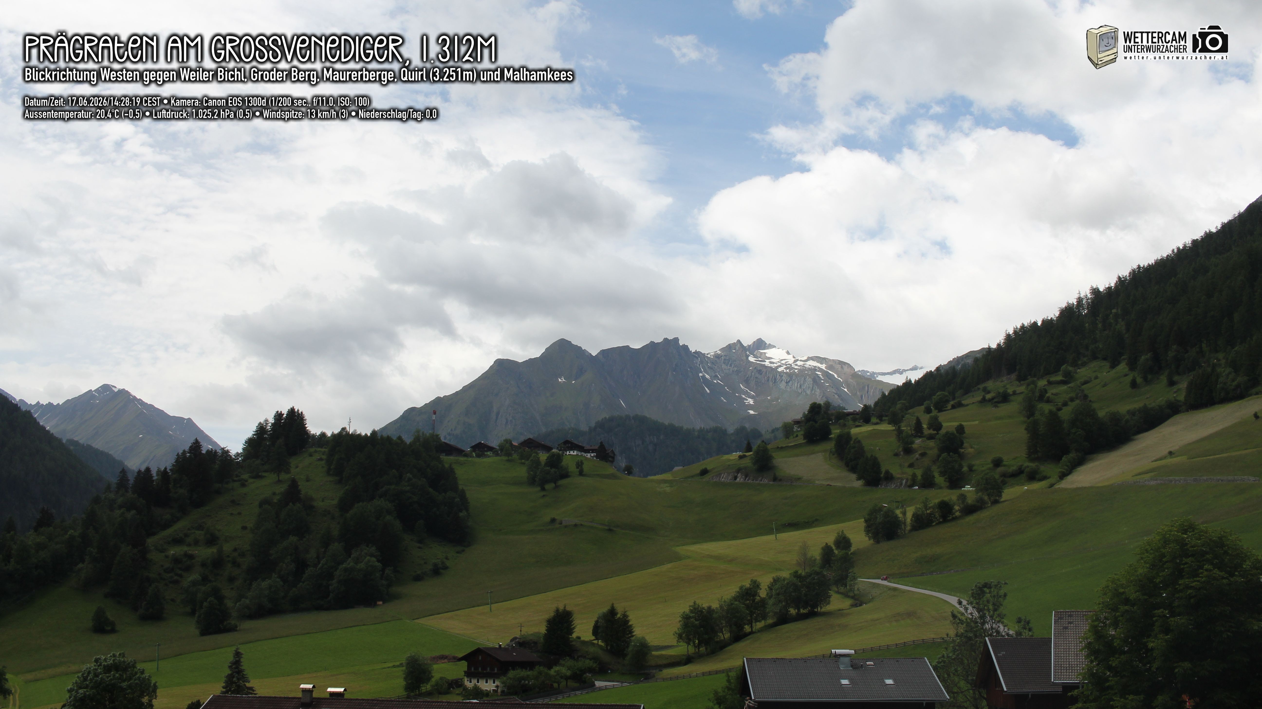 Archiv Foto Webcam Prägraten am Großvenediger - Dorf Bichl und Maurer Berge
