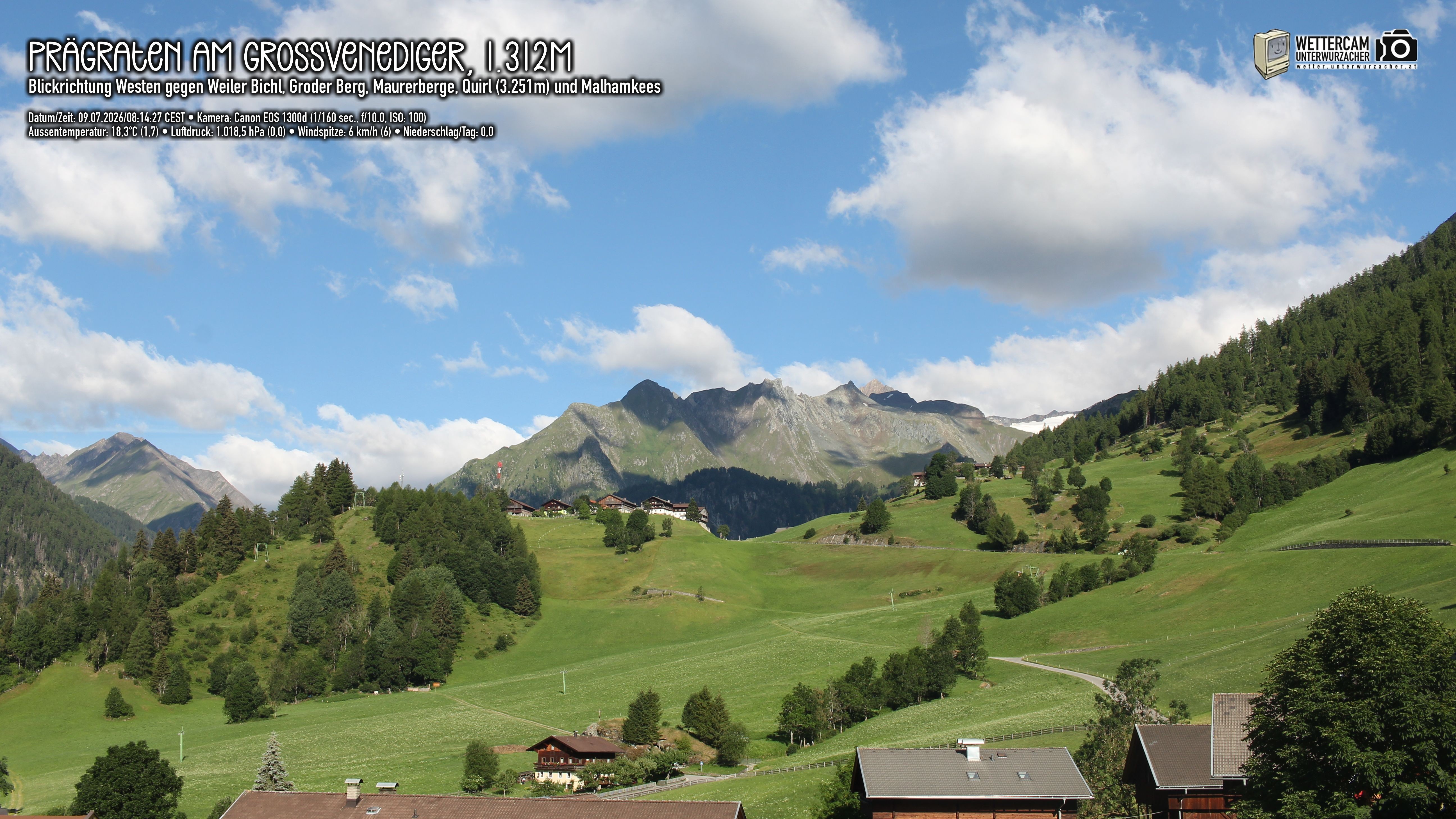 Archiv Foto Webcam Prägraten am Großvenediger - Dorf Bichl und Maurer Berge