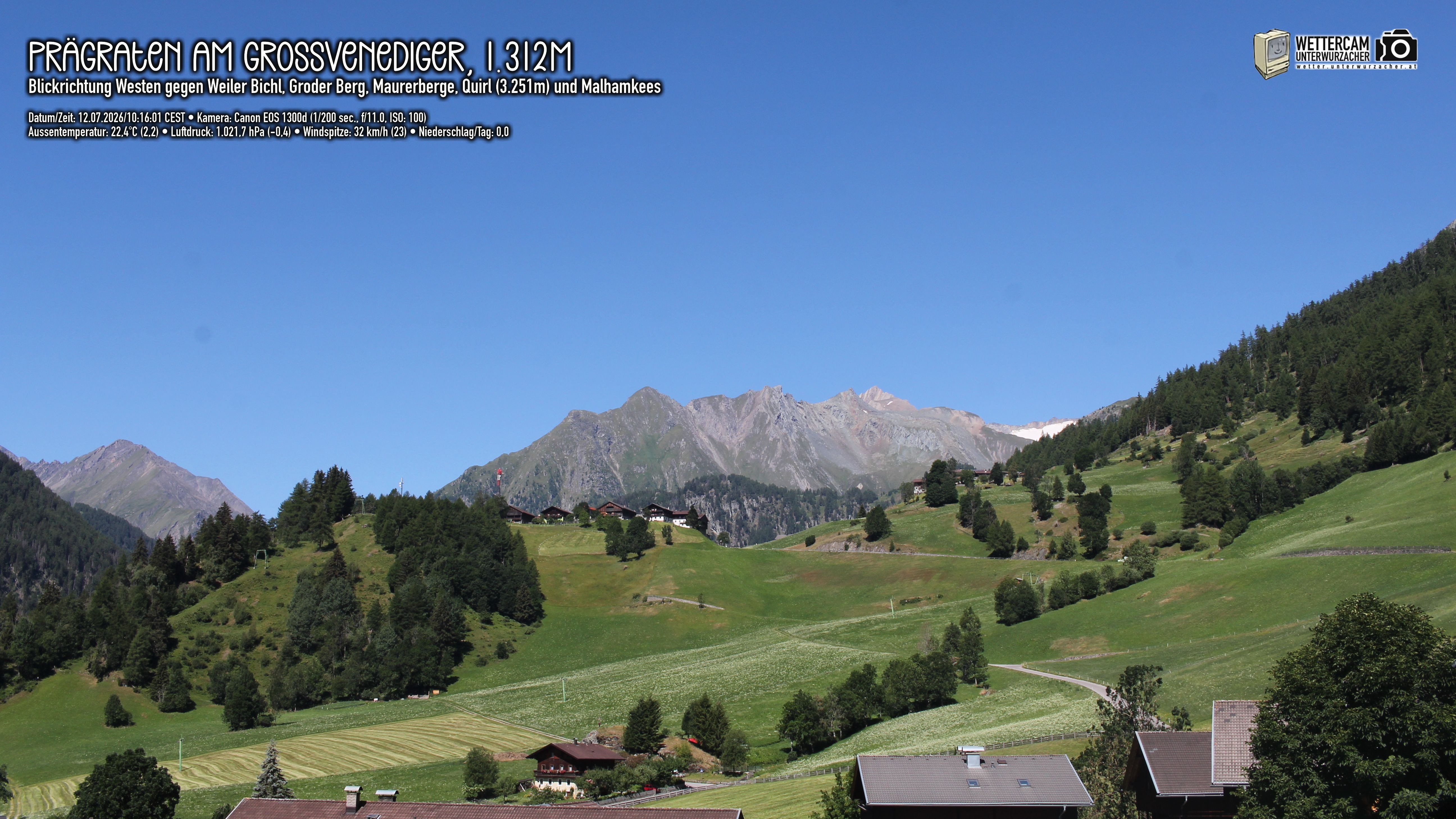 Archiv Foto Webcam Prägraten am Großvenediger - Dorf Bichl und Maurer Berge
