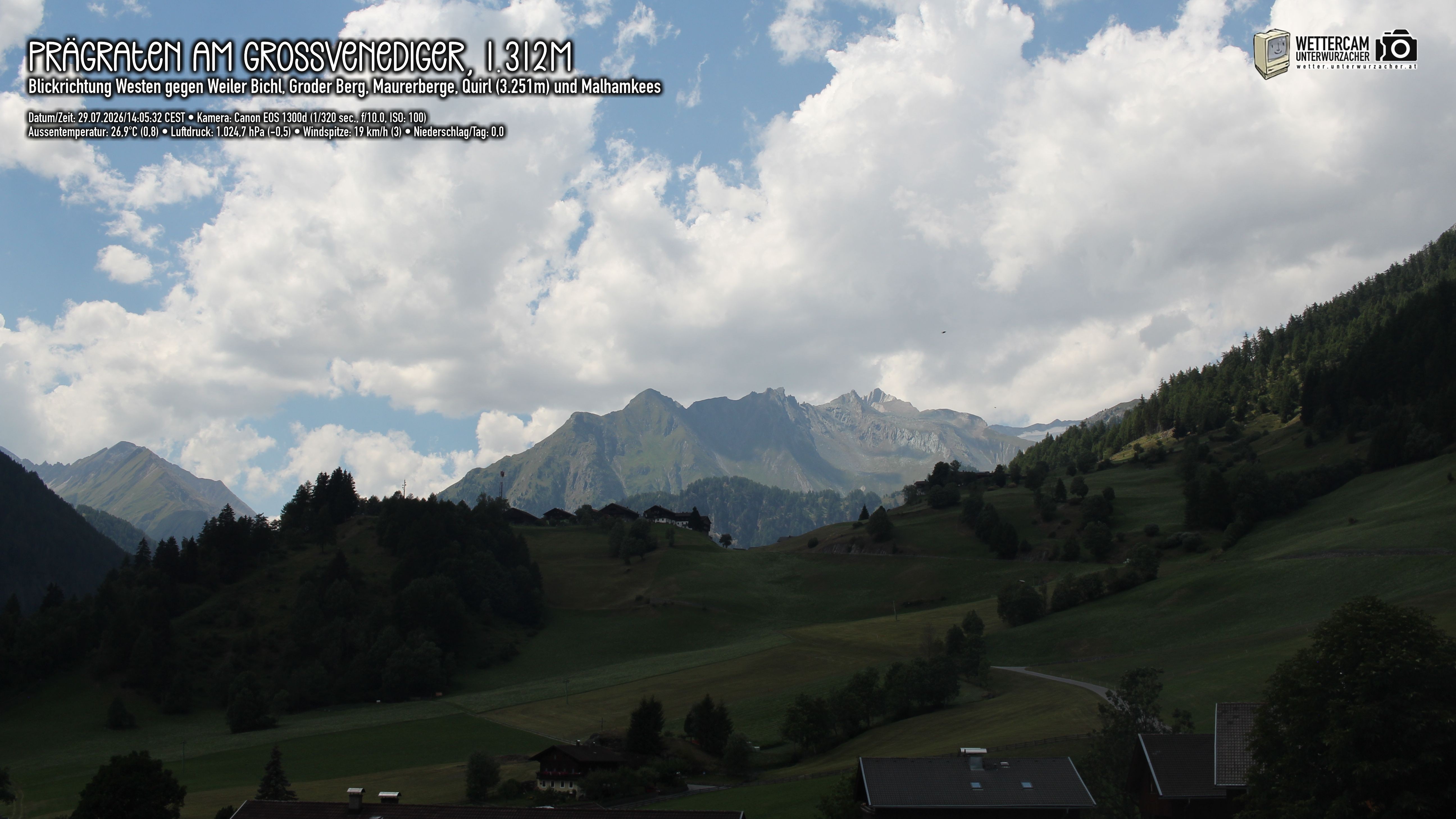 Archiv Foto Webcam Prägraten am Großvenediger - Dorf Bichl und Maurer Berge