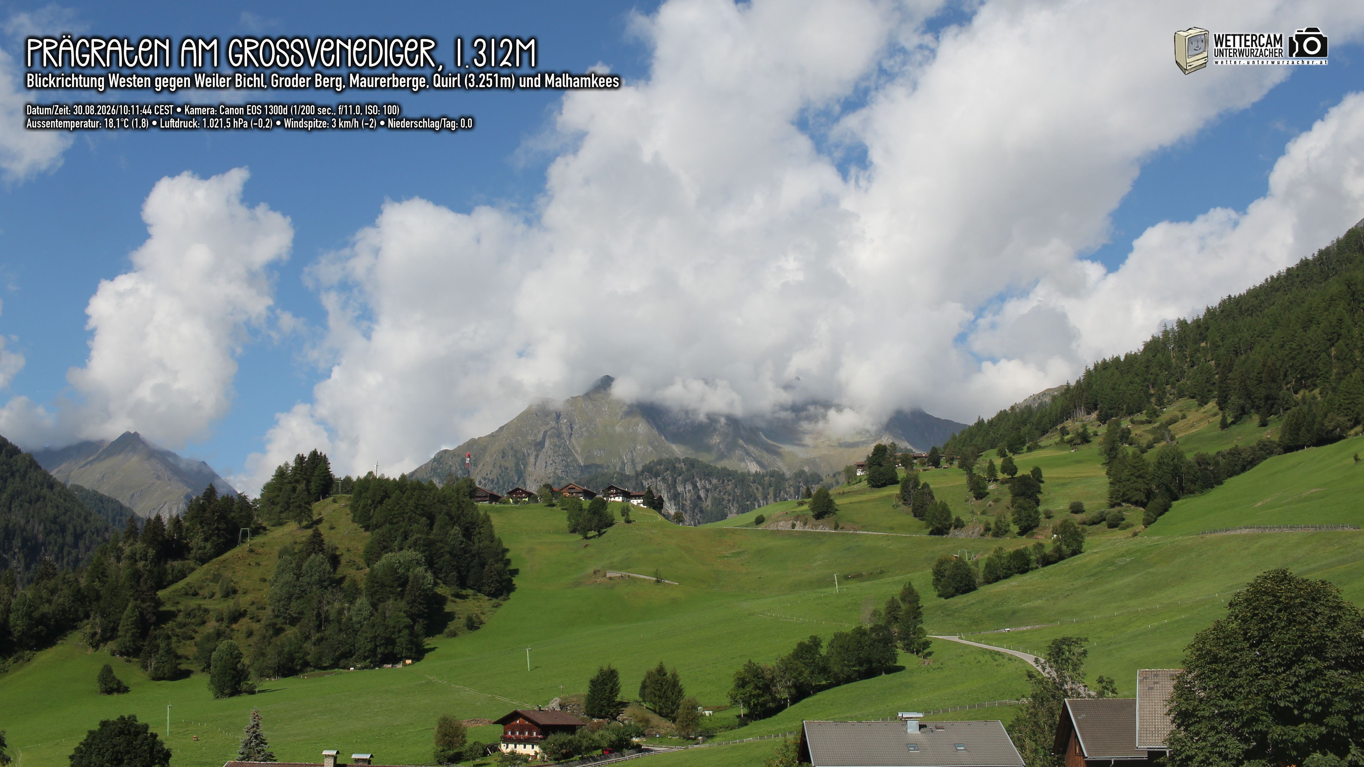 Archiv Foto Webcam Prägraten am Großvenediger - Dorf Bichl und Maurer Berge