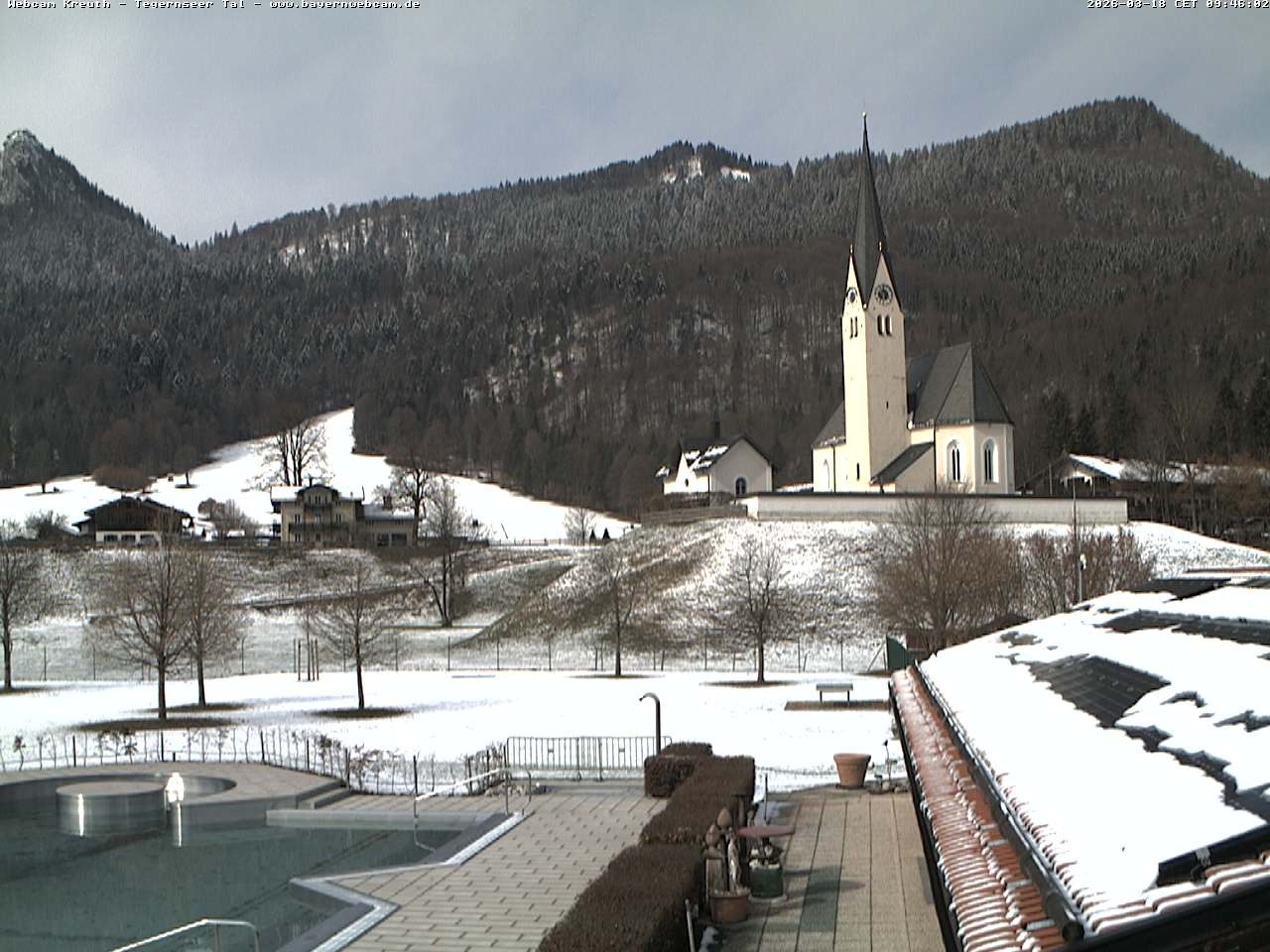 Archiv Foto Webcam Kreuth: Kirche und Freibad